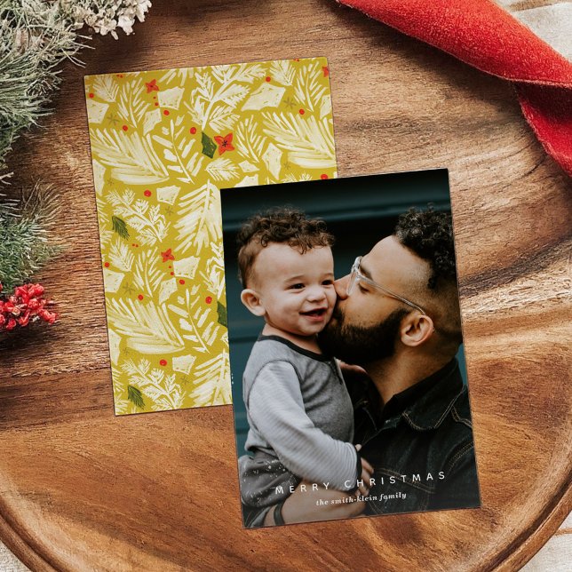 Festividades Cartão de Férias Verticais Botânicas Amarelo (Chartreuse Yellow Festive Botanical Vertical Photo Holiday Card)