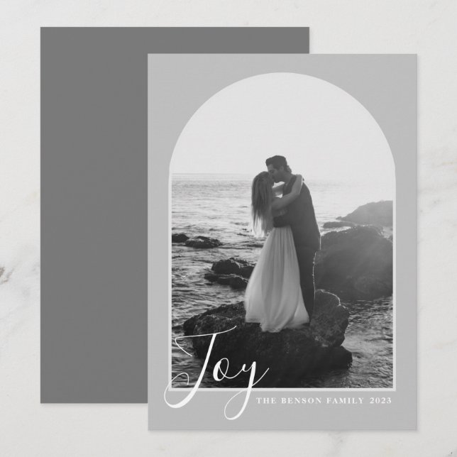 Festividades Cartão de Férias Vertical Arch Script Joy Gray (Frente/Verso)