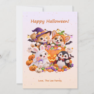Festividades Cartão de festa de Halloween com animais fofos dis