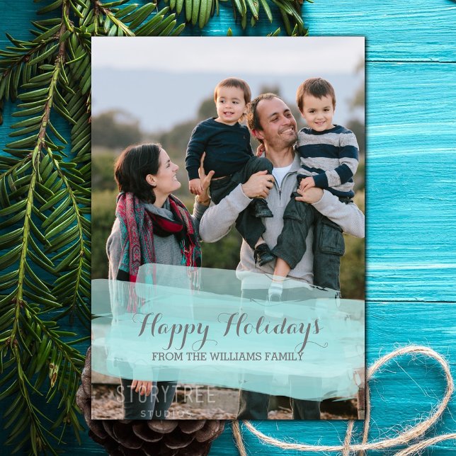 Festividades Cartão de Foto com Pincelada de Aquarela Turquesa (Turquoise Watercolor Brushstroke Holiday Photo Card)
