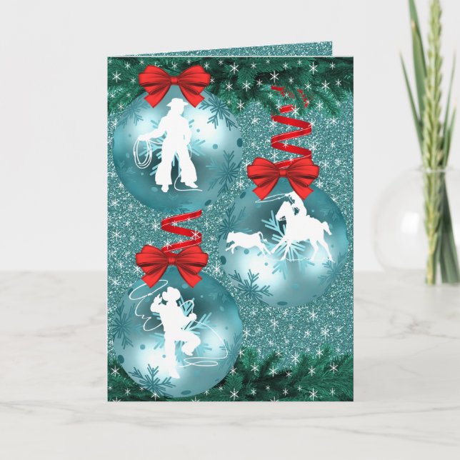 Festividades Cartão de foto Cowboys Cowgirls Roping On Blue (Frente)