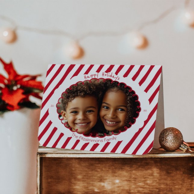 Festividades Cartão de Foto de Férias com Listra de Cana-de-Açú (Retro Candy Cane Whimsical Striped Christmas folded card)