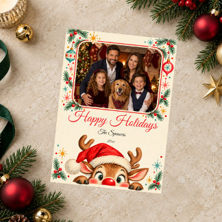 Festividades Cartão de Foto de Natal com Rena Peekaboo Retro