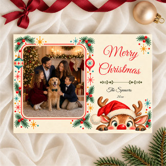 Festividades Cartão de Foto de Natal com Rena Peekaboo Retro