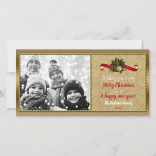 Festividades Cartão de Foto de Natal com Sino Dourado Vintage