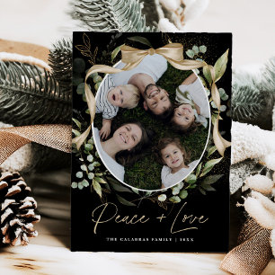 Festividades Cartão de Foto de Natal Paz Amor Dourado Arco Verd