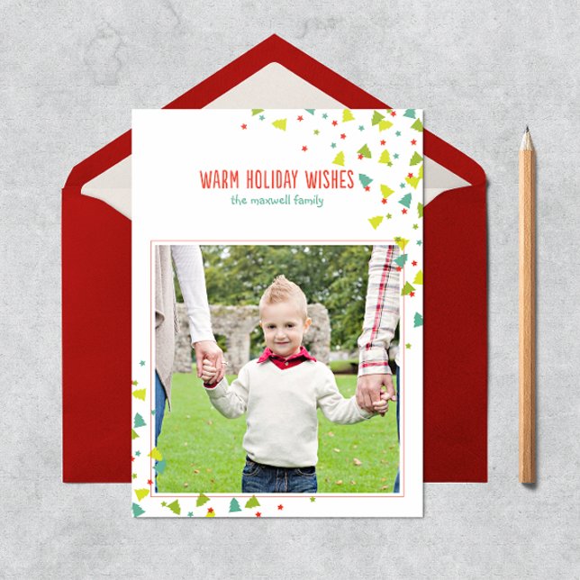 Festividades Cartão de Foto Moderno com Confetes de Árvore para (one photo Christmas holiday card with tree shaped confetti and message of warm holiday wishes)