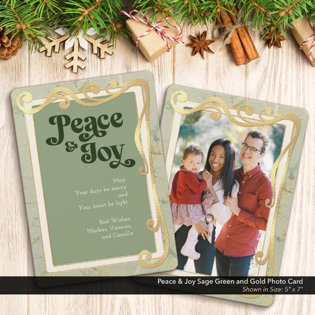 Festividades Cartão de Foto Paz e Alegria Verde-Sal e Dourado (Peace & Joy, Sage Green and Gold Holiday Photo Greeting Card)