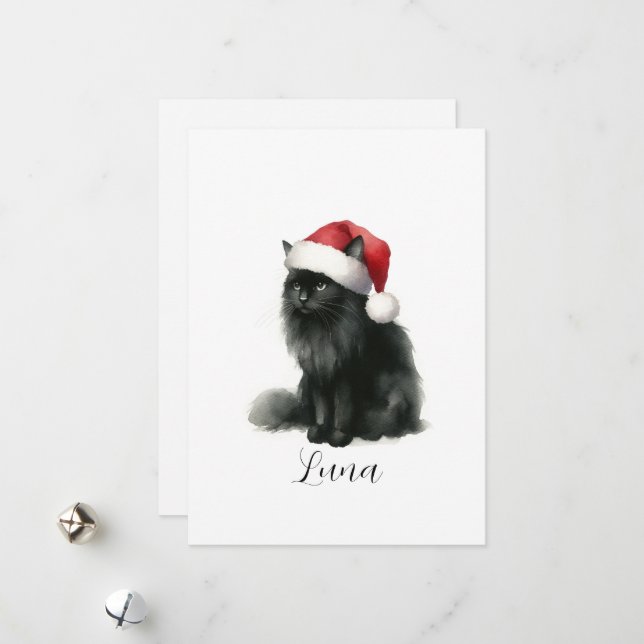 Festividades Cartão de Gato Preto em Aquarela com Chapéu de Pap (Frente/Verso In Situ)