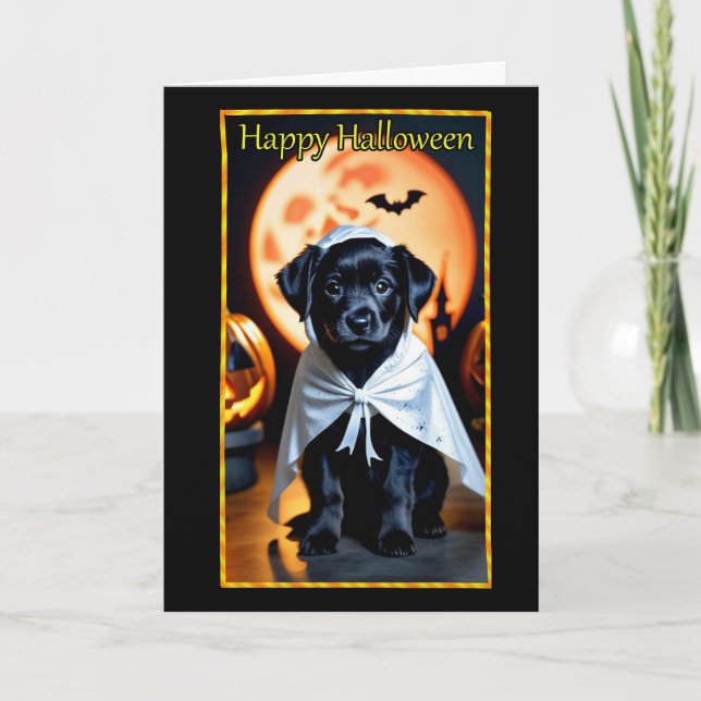 Festividades Cartão de Halloween com Cachorrinho Preto Disfarça (Frente)