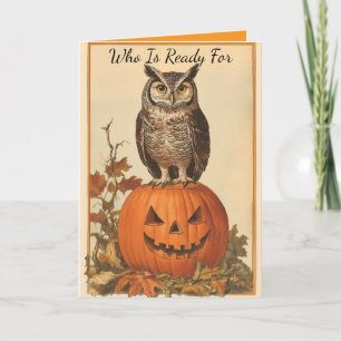 Festividades Cartão de Halloween de Coruja Vintage com Abóbora