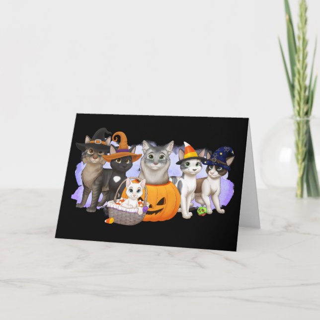 Festividades Cartão de Halloween dos Gatos e Tripulação 5" x 7" (Frente)