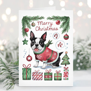 Festividades Cartão de Natal Adorável de Boston Terrier em Aqua
