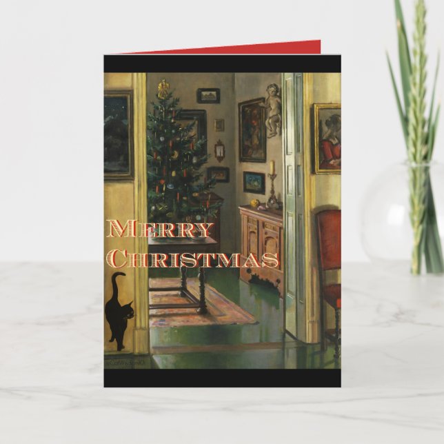 Festividades Cartão de Natal antigo com um gato preto (Frente)