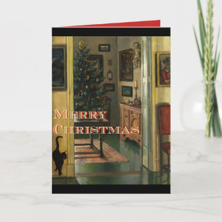 Festividades Cartão de Natal antigo com um gato preto