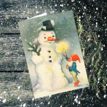 Cartão de Natal Antigo de Elfo e Boneco de Neve