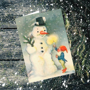 Festividades Cartão de Natal Antigo de Elfo e Boneco de Neve