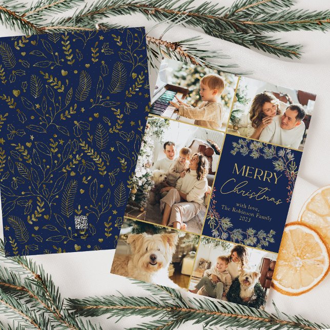 Festividades Cartão de Natal Azul de Colagem de Fotos Dourado (Criador carregado)