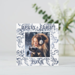 Festividades Cartão de Natal Azul de Foto Merry & Bright Vintag