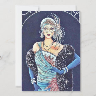 Festividades Cartão de Natal Azul de Mulher Art Déco Vintage