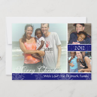 Festividades Cartão de Natal Azul Flocos de Neve com 3 Fotograf