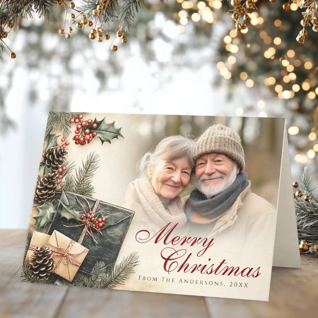 Festividades Cartão de Natal Bege com Fotos de Folhas de Azevin (Vintage Holly Berries Beige Photo Christmas Folded Holiday Card)