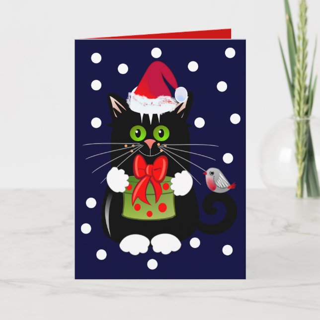 Festividades Cartão de Natal bonito com Cat e Robin (Frente)