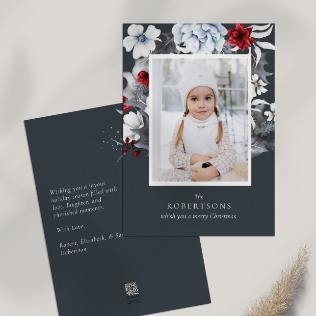 Festividades Cartão de Natal Botânico de Feriado Vermelho Azul (Blue Red White Holiday Botanical Christmas Card on white table.)