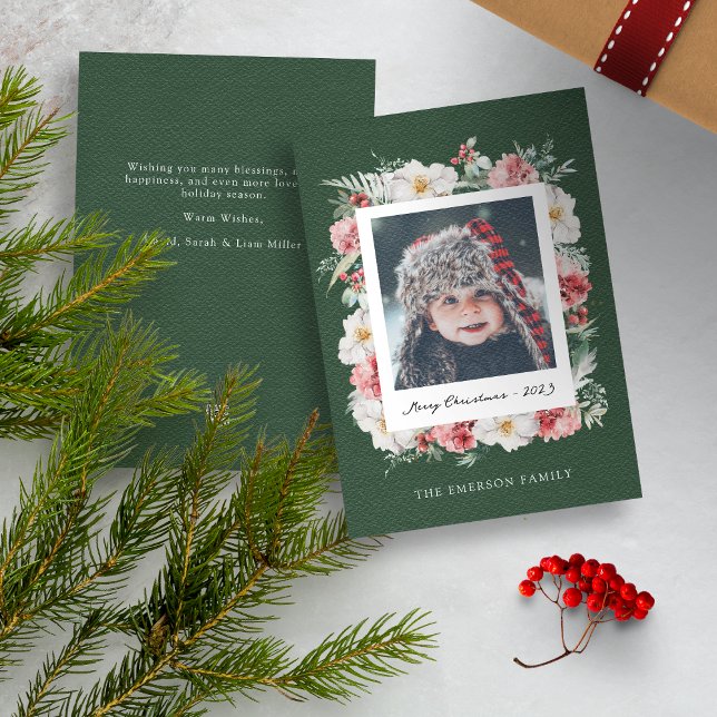 Festividades Cartão de Natal Botânico de Foto Verde (Red Merry Christmas Photo Holiday Card with Elegant Watercolor Botanical Florals Berries)