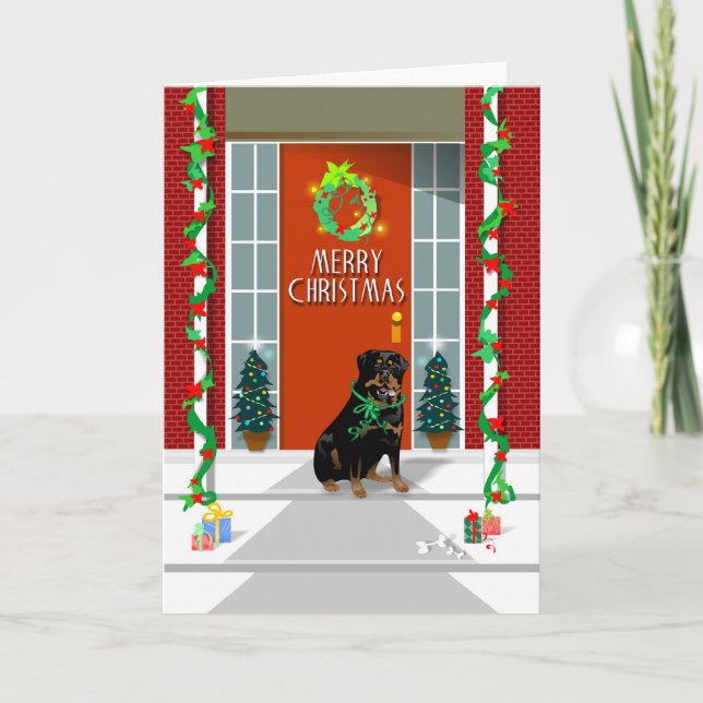 Festividades Cartão de Natal - cão de Rottweiler no patamar (Frente)