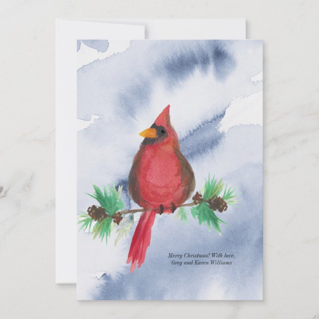 Festividades Cartão de Natal Cardinal Vermelho com Aquarela (Frente)