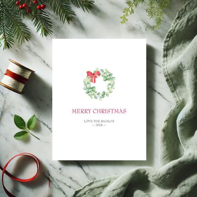 Festividades Cartão de Natal, Cartão de Férias (Simple Christmas card watercolor botanical wreath in shades of red and green by Victoria Grigaliunas)