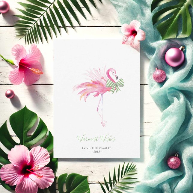 Festividades Cartão de Natal, Cartão de Férias, Flamingo Rosa (Tropical pink flamingo Christmas card for pinkmas. Watercolor art by Victoria Grigaliunas)