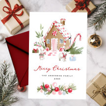 Cartão de Natal Casa de Gingerbread Aquarela Fofa