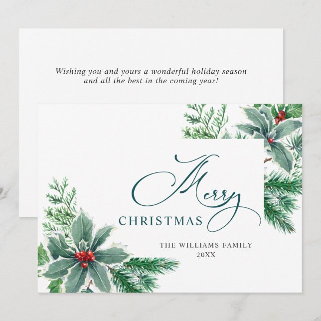 Festividades Cartão de Natal com Aquarela Festiva de Folhas e F (Frente/Verso)