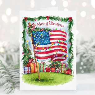 Festividades Cartão de Natal com Bandeira Patriótica em Aquarel