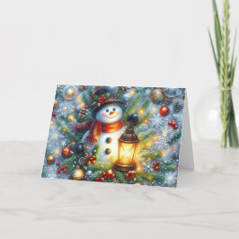 Festividades Cartão de Natal com Boneco de Neve Fofo e Lanterna