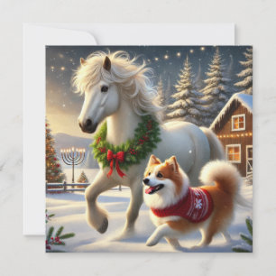 Festividades Cartão de Natal com Cavalo e Cachorro Islandês