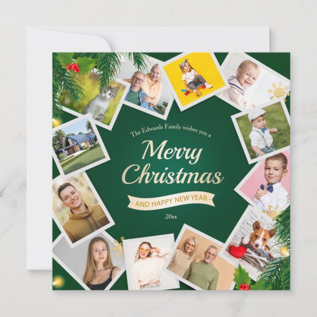 Festividades Cartão de Natal com Colagem de 12 Fotos de Natal (Frente)