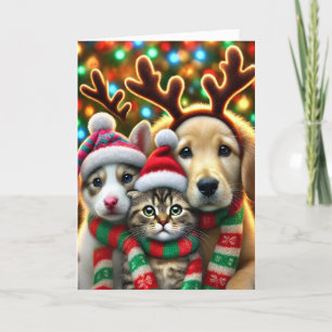 Festividades Cartão de Natal com dois cães e um gato