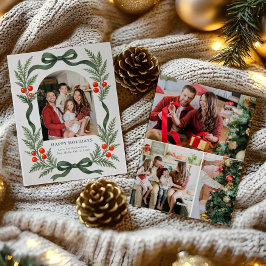 Festividades Cartão de Natal com Fita Verde e Grade de Fotos no