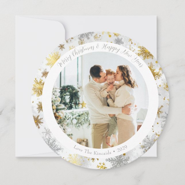Festividades Cartão de Natal com Floco de Neve e Dourado redond (Frente)