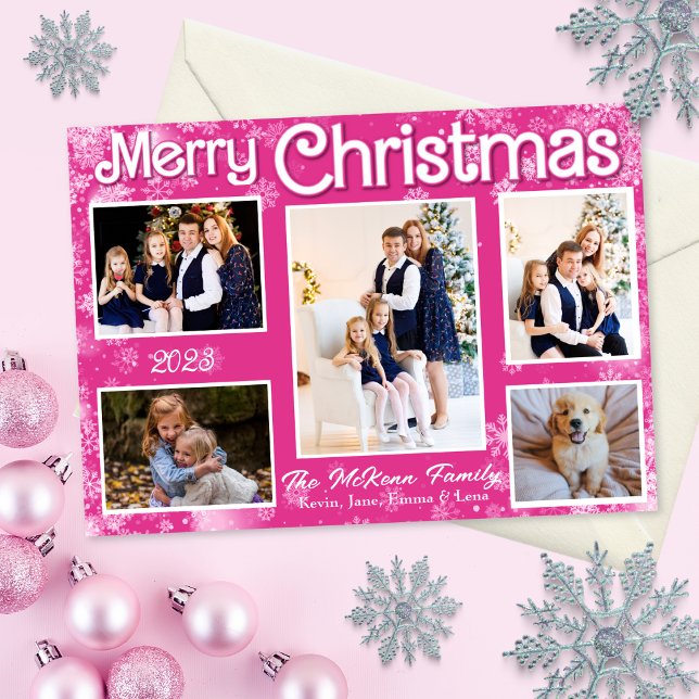 Festividades Cartão de Natal com Flocos de Neve Rosa e Branco (Hot pink Christmas card with white snowflakes.)