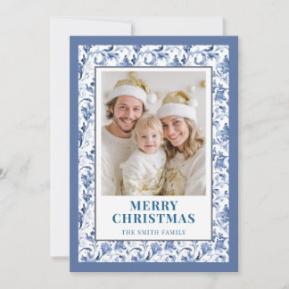 Festividades Cartão de Natal com Foto de Floral Toile Azul