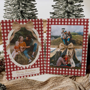 Festividades Cartão de Natal com Foto de Laço Xadrez Vermelho C