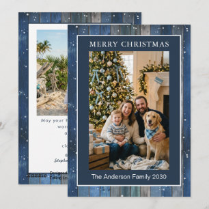 Festividades Cartão de Natal com Foto em Madeira Azul Naval Rús