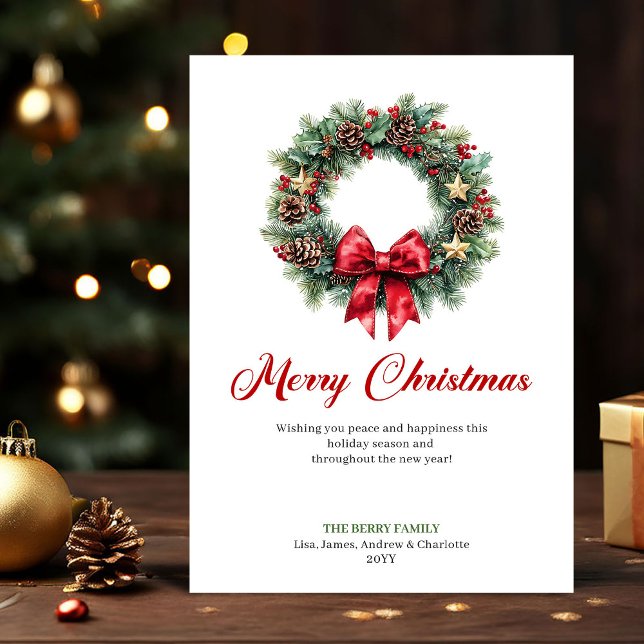 Festividades Cartão de Natal com Grinalda de Natal Clássica em  (Classic Christmas Wreath Watercolor Holiday Card)