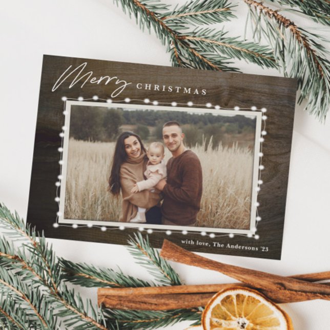 Festividades Cartão de Natal com Luzes de Natal Rústicas (Rustic christmas lights photo holiday card.)