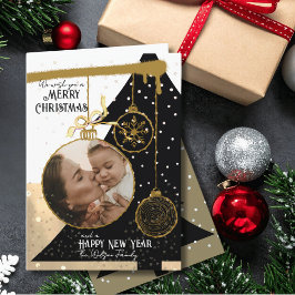 Festividades Cartão de Natal com Ornamento de Foto Preto e Dour