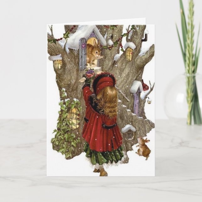 Festividades Cartão de Natal com poema de amizade, menina e ani (Frente)